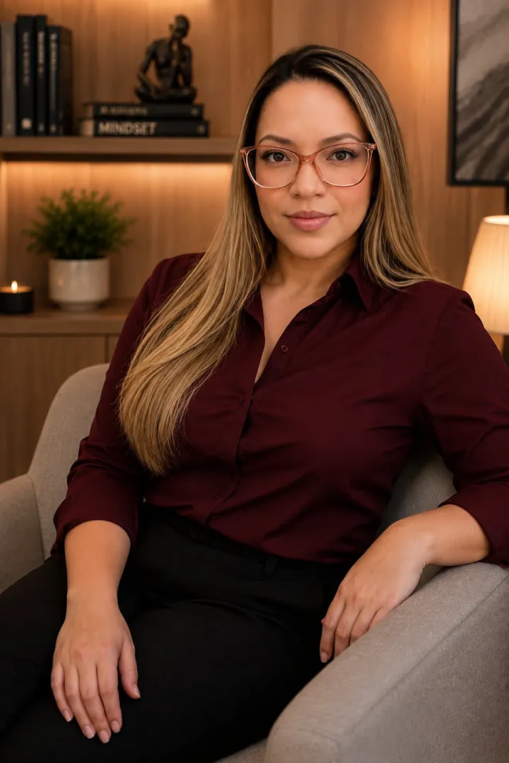 Danyelle M. Gomes, psicanalista, sentada em uma poltrona em seu consultório