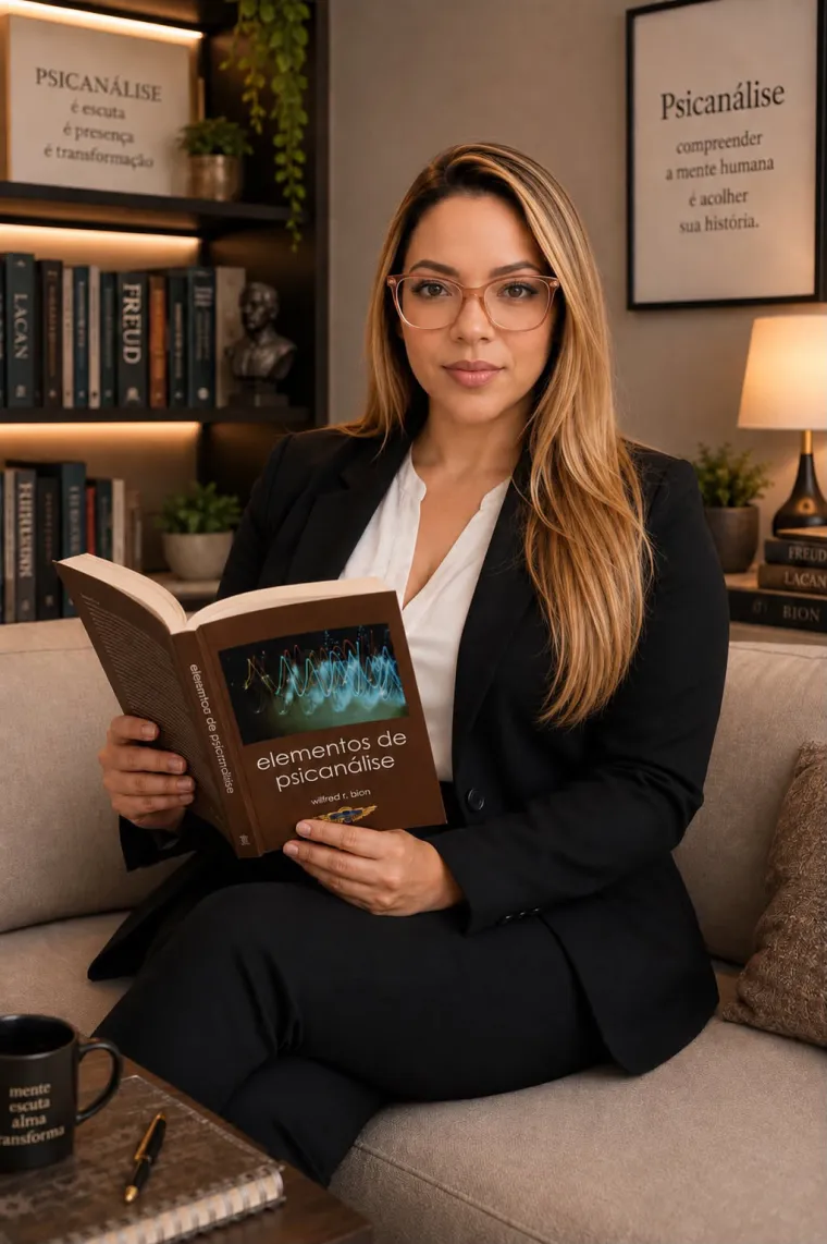 Danyelle M. Gomes, psicanalista, segurando um livro de psicanálise em seu consultório